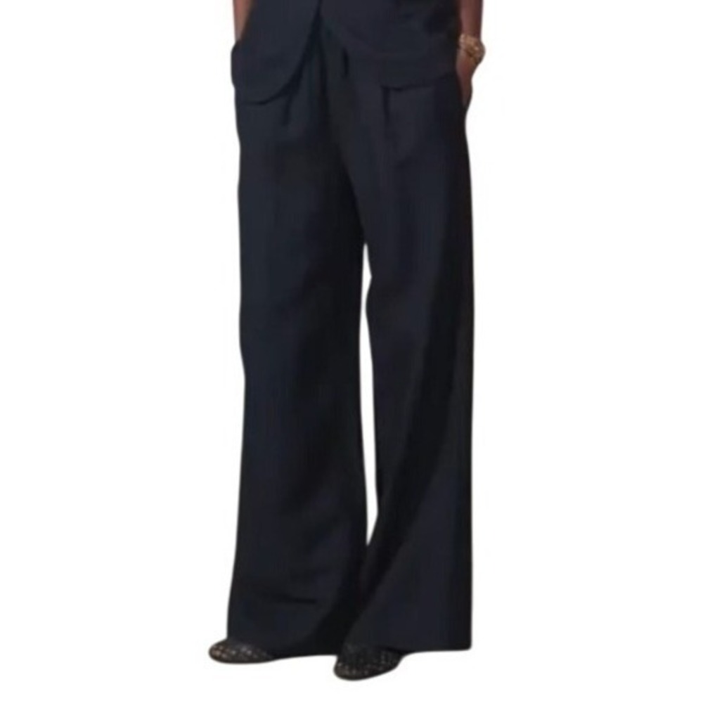 Evereve‎ Womens S Black Sophia Linen Blend Wide Leg High Rise Pants Pockets